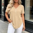 thumbnail image 2 of Women's Short Sleeve Curved Hem Shirts Summer Oversized V-Neck Button Down T-Shirt Casual Plain Daily Wear Tops Khaki, 2 of 6