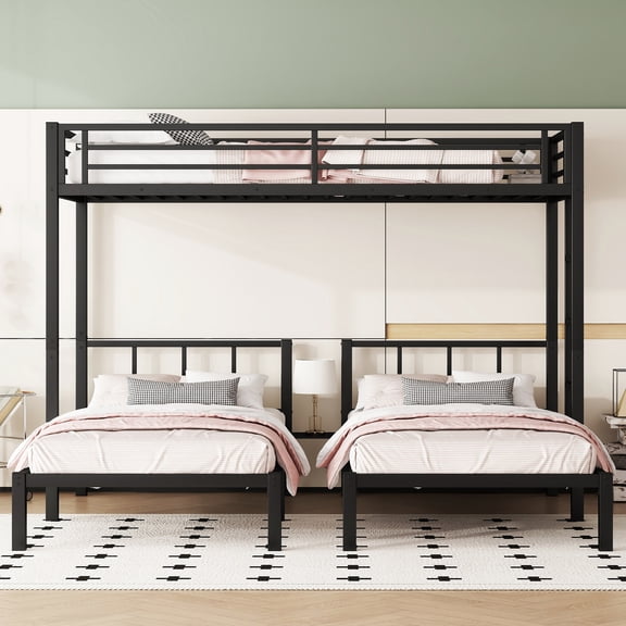 Heavy Duty Triple Bunk Bed, Twin Over Twin Bunk Beds for 3, with Guardrails and Ladder & Slat Support, Metal Bunk Bed Convertible into 3 Separate Bed, No Box Spring Need,Black
