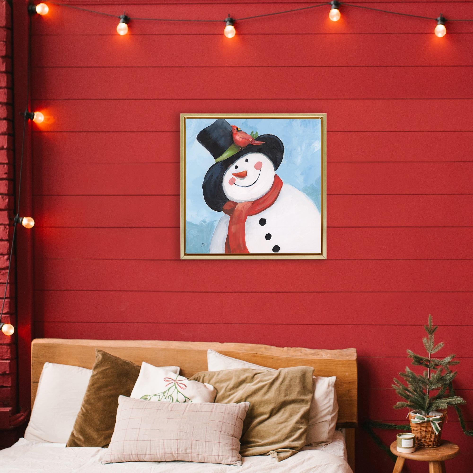 Stupell Industries Cheerful Snowman with Cardinal Gold Framed Floater Canvas Wall Art, design by Nan