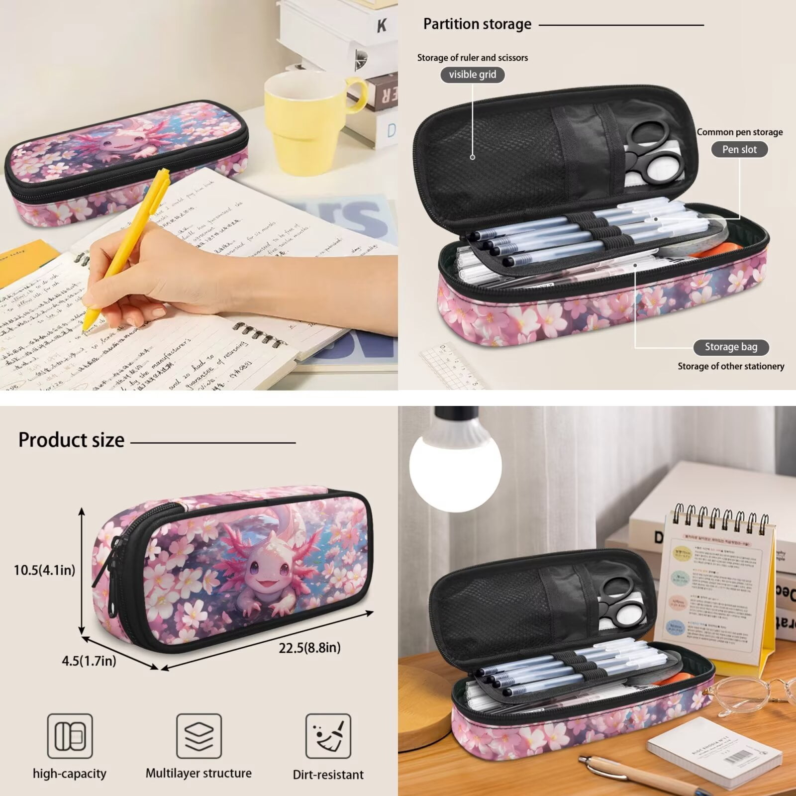 Pzuqiu Axolotl Cherry Blossom Kawaii Backpack for School Girls 4 Pcs Backpacks with Lunch Box Pencil Case 2pcs Bookmark Large Travel Rucksack 17 Inch Bookbags School Bag Set