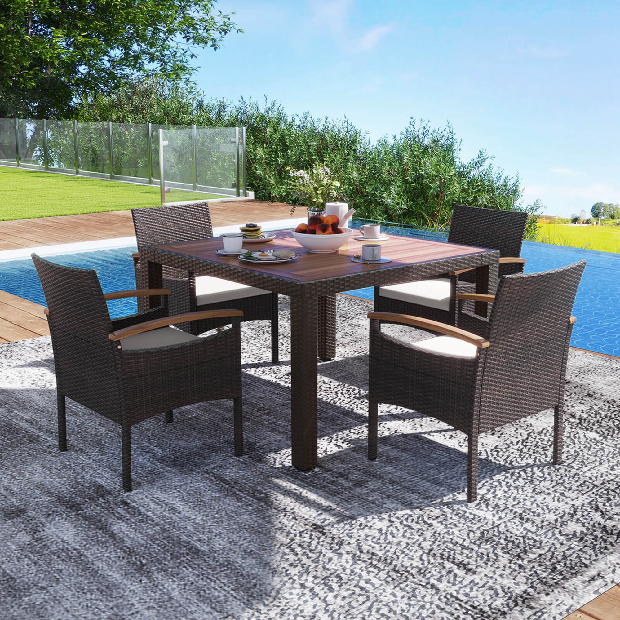 Costway Patio Dining Chairs Set of 2 with Acacia Wood Armrest Heavy Duty Metal Frame