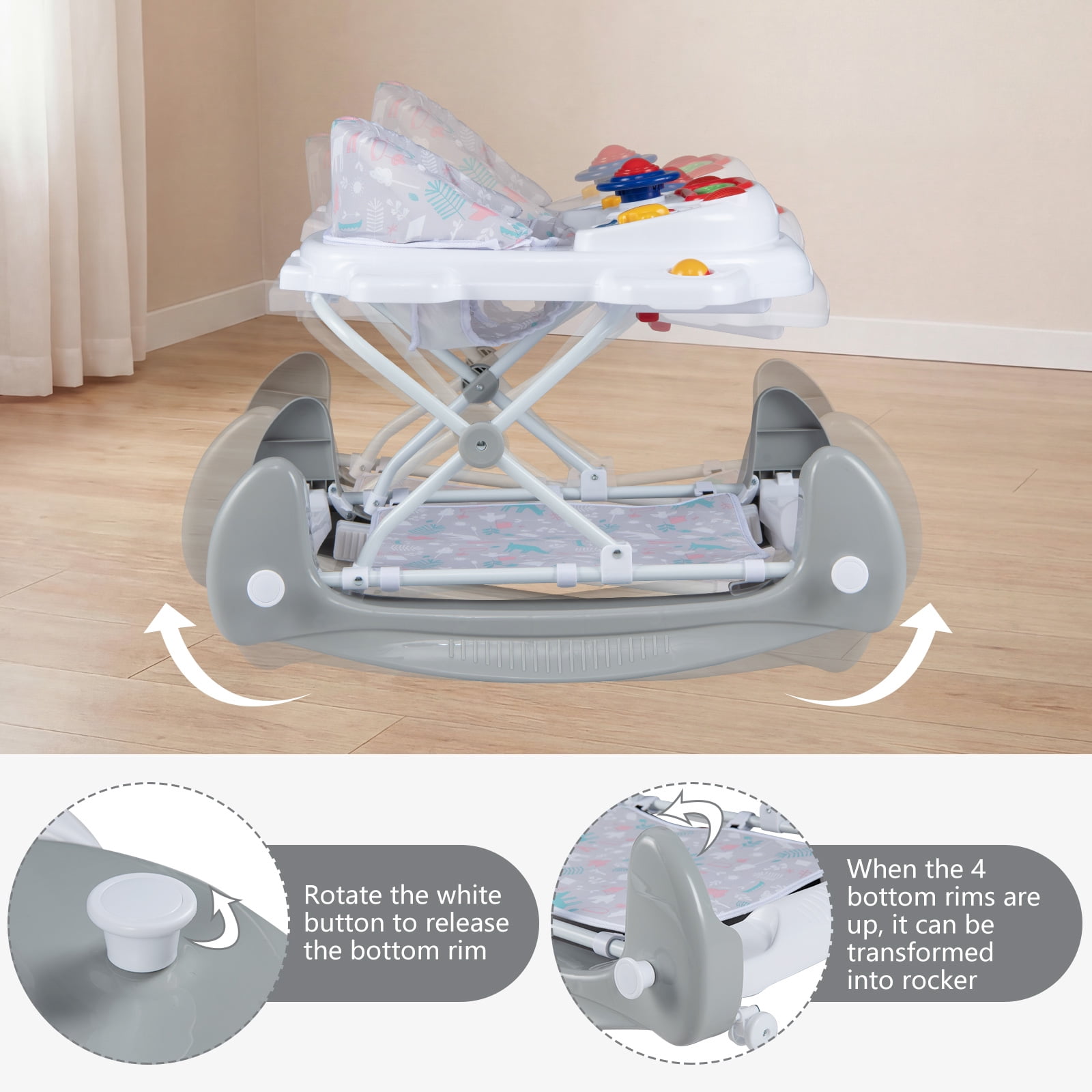 INFANS Baby Walker, 6 in 1 Behind Walker Learning Seated Rocker Bouncer with Removable Music Tray, Adjustable Height, Washable Seat Cushion, Foldable Activity Center for Toddlers