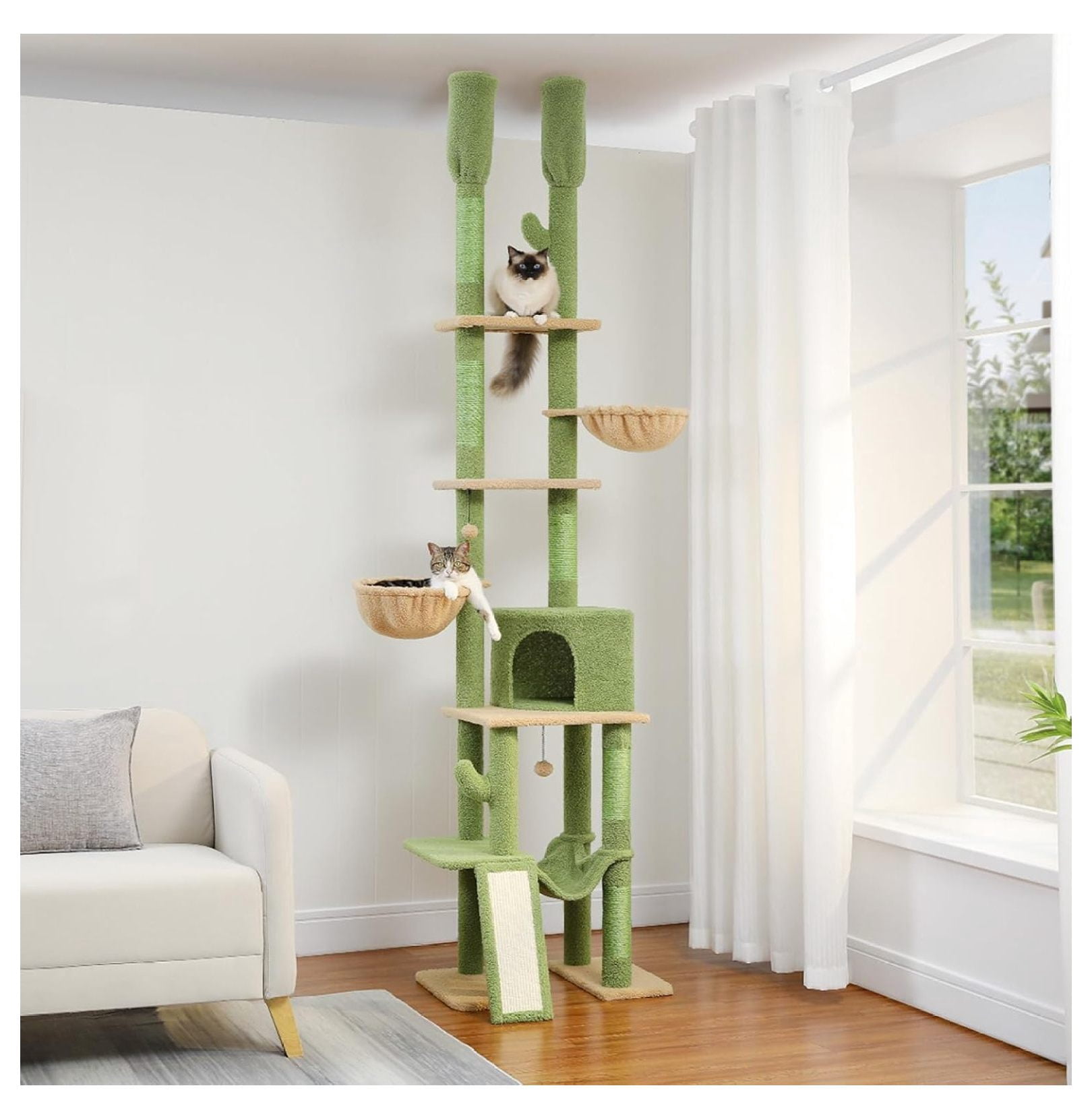 Cactus Cat Tree Floor to Ceiling, 85-112 Inch Adjustable Cat Tower - 7 Tier Climbing Center with Hammocks & Scratching Posts for Indoor Cats