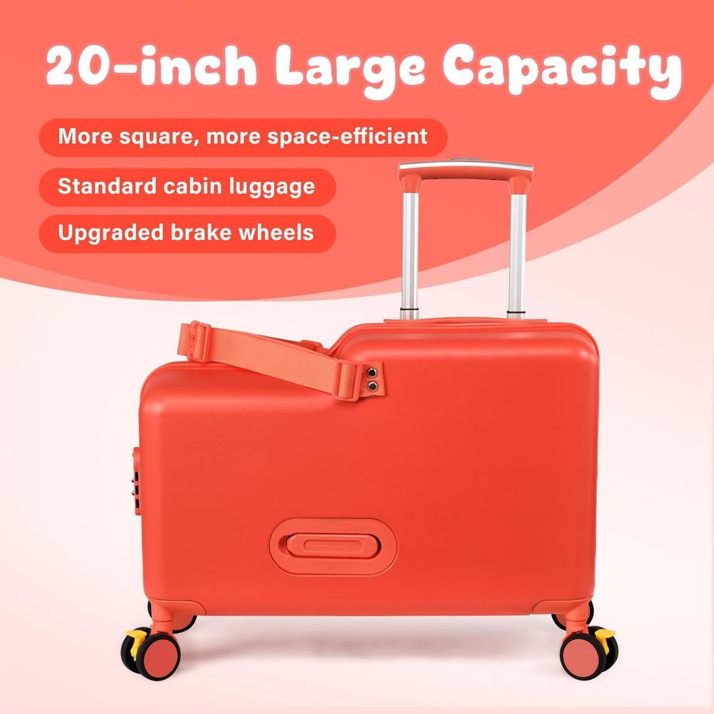 Kids Ride on Suitcase 20 Inch, Childrens Travel Carrier Cabin Case with Foot Pedal Spinner Wheels and Safe Harness Stroller for Boy Girl Travel(Red)