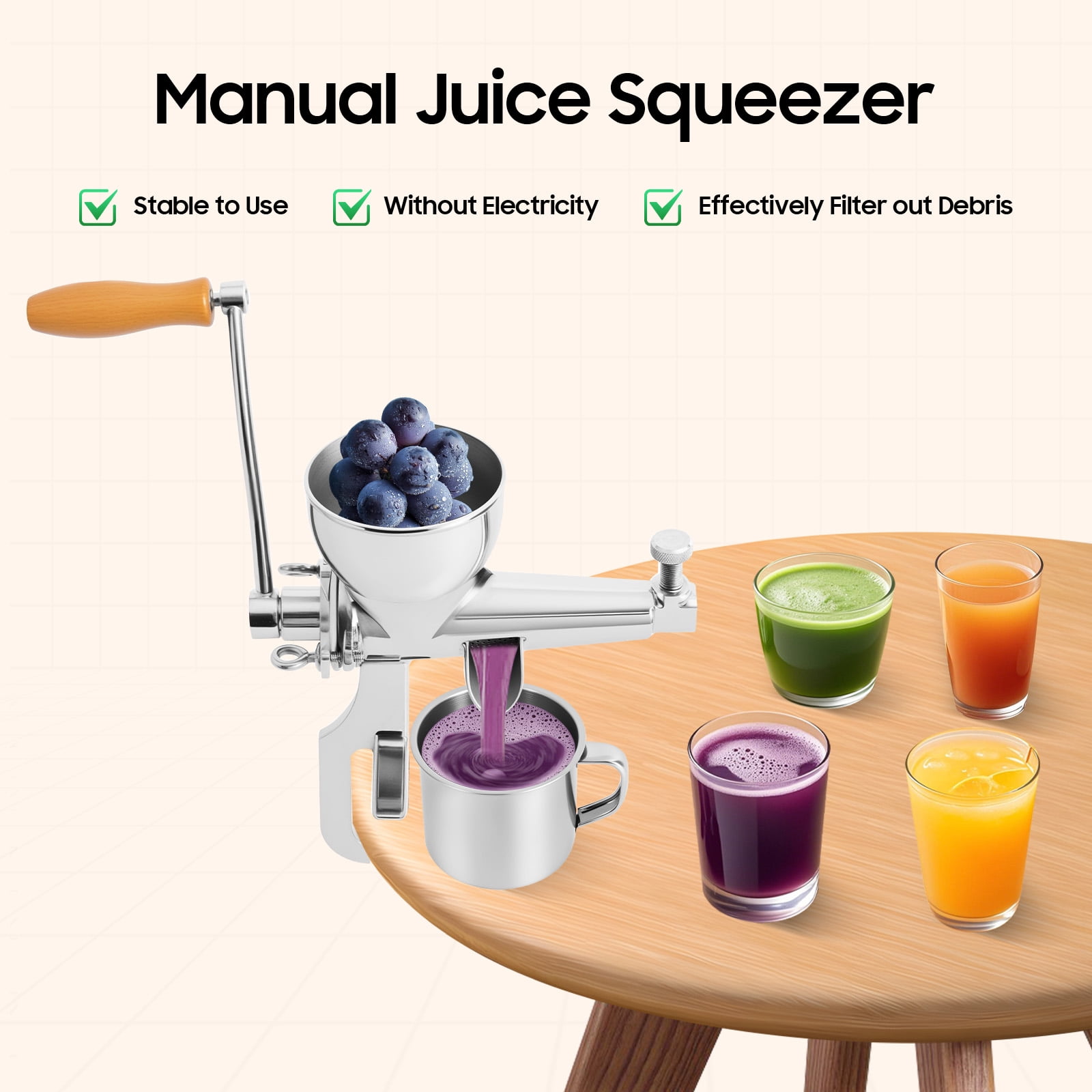 Stainless Steel Manual Juicer for Wheatgrass, Fruits, and Vegetables, Slow-Press with Low-Speed Spiral Auger, Easy Clamp Installation, High Nutrient Retention