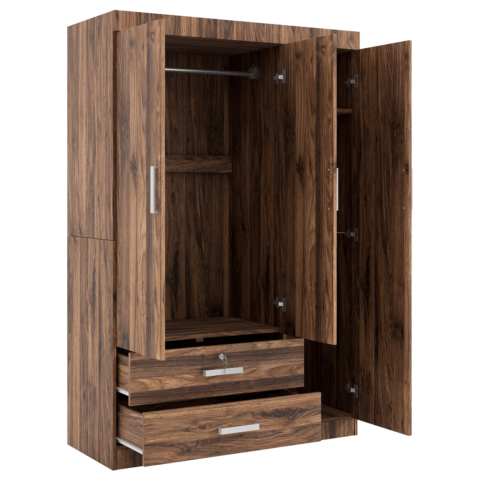 Euroco Modern 68.3" Armoire Wardrobe, 3 Door Bedroom Armoire with Drawers and Hanging Rods Kids Adults, Brown