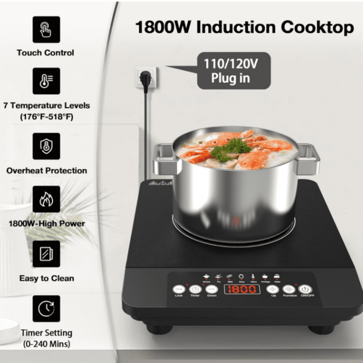 Portable induction Cooktop,110V Single Burner Induction Stove Top,1800W Induction Hot Plate Electric Burner,7 Power Levels, Kids Lock & Timer,LED touch control,Overheat Protection