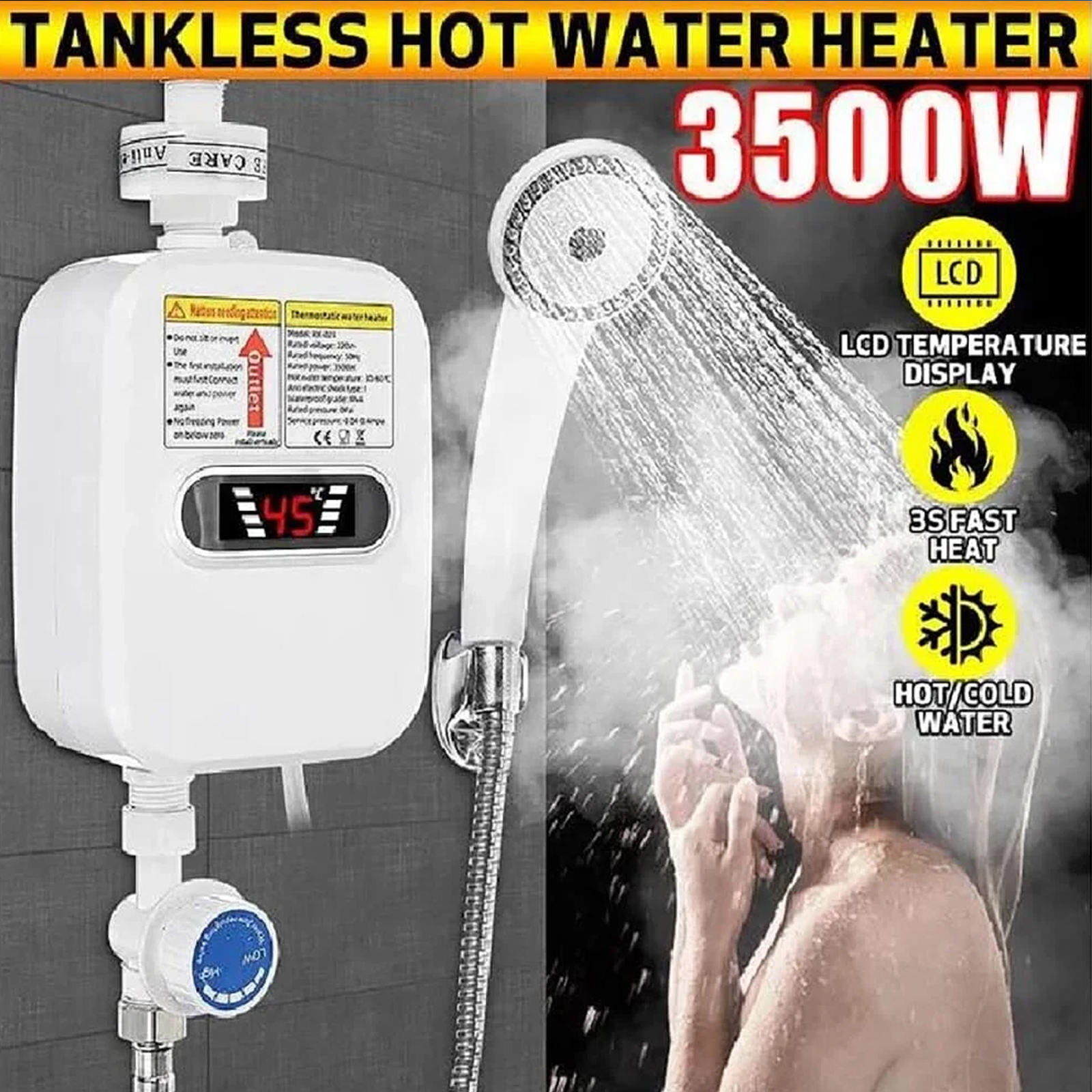 Electric Tankless Water Heater with Shower Head Set, 3500W Portable Electric Instant Hot Water Heater for Shower, LCD Display On Demand Mini Water Heater for Kitchen, Bathroom, Camping & RV