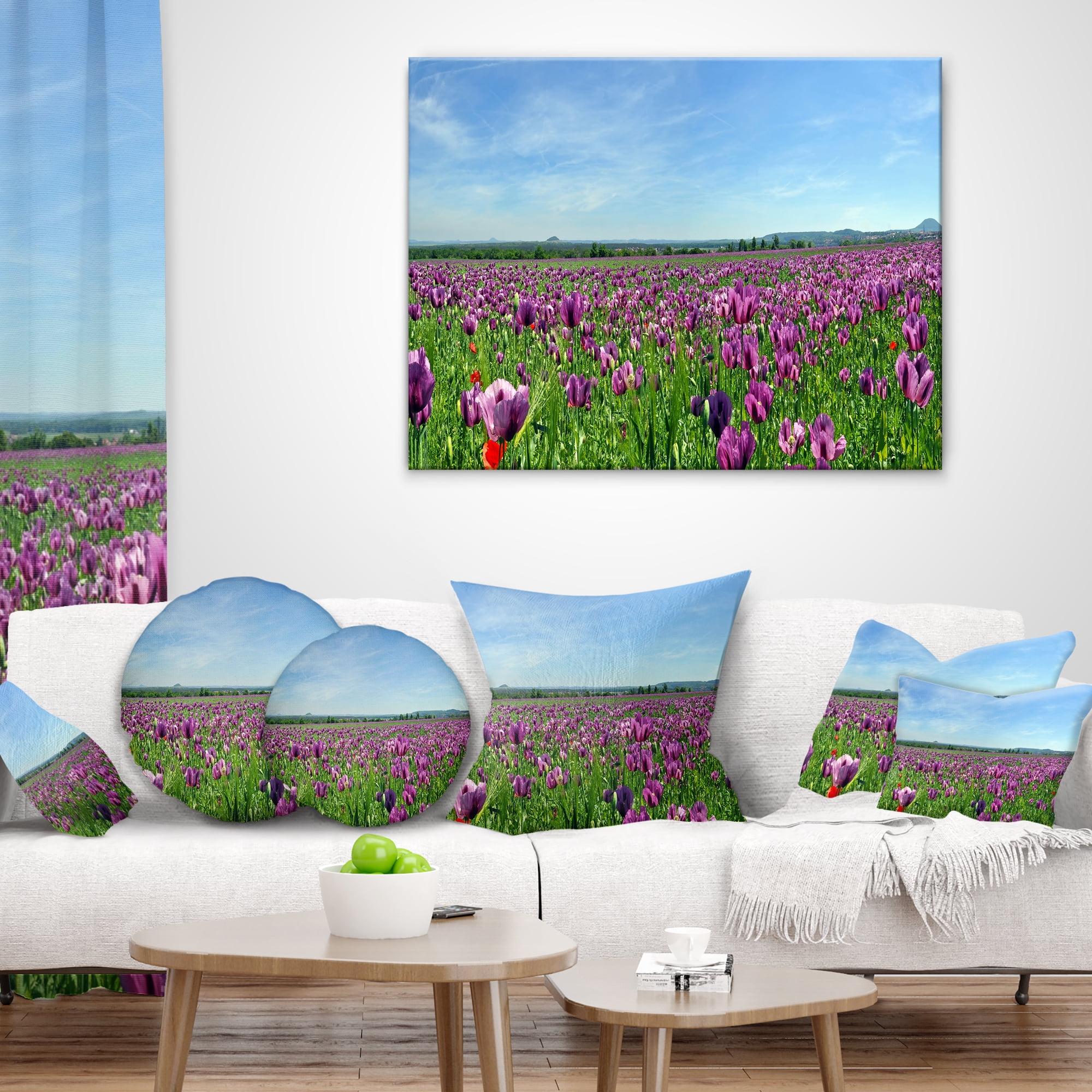 Designart Purple Poppy Field Panorama - Floral Throw Pillow - 12x20