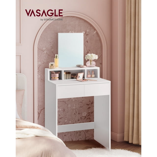 VASAGLE Coiffeuse avec Grand Miroir, Table de Maquillage avec 2 Tiroirs et 3 Compartiments, Moderne, Blanc, Adulte