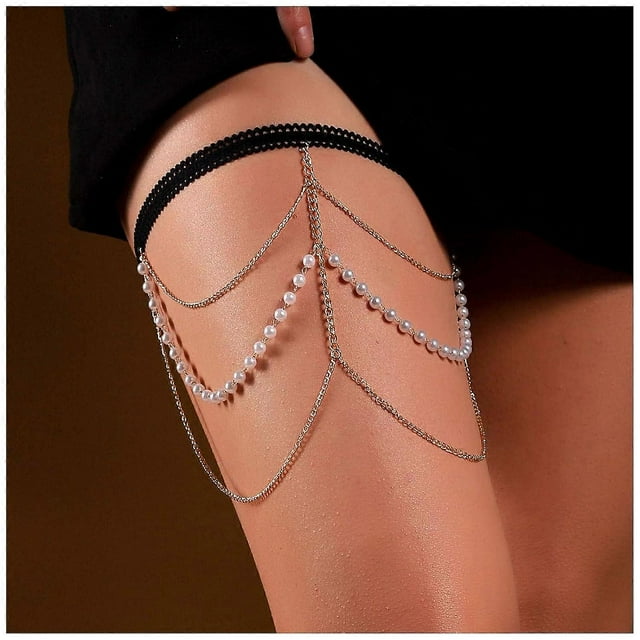Bohemia Layered Pearl Leg Chain Gold Pearl Thigh Chain Vintage Thigh Leg Chain Rave Bikini Thigh Body Chain Jewelry for Women and Girls Gifts (Gold)