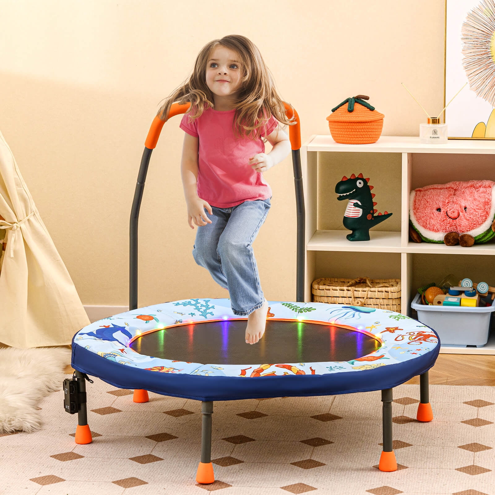 Infans 36" Foldable Kid Trampoline w/ 20 LED Lights Foam Handlebar Padded Safety Cover