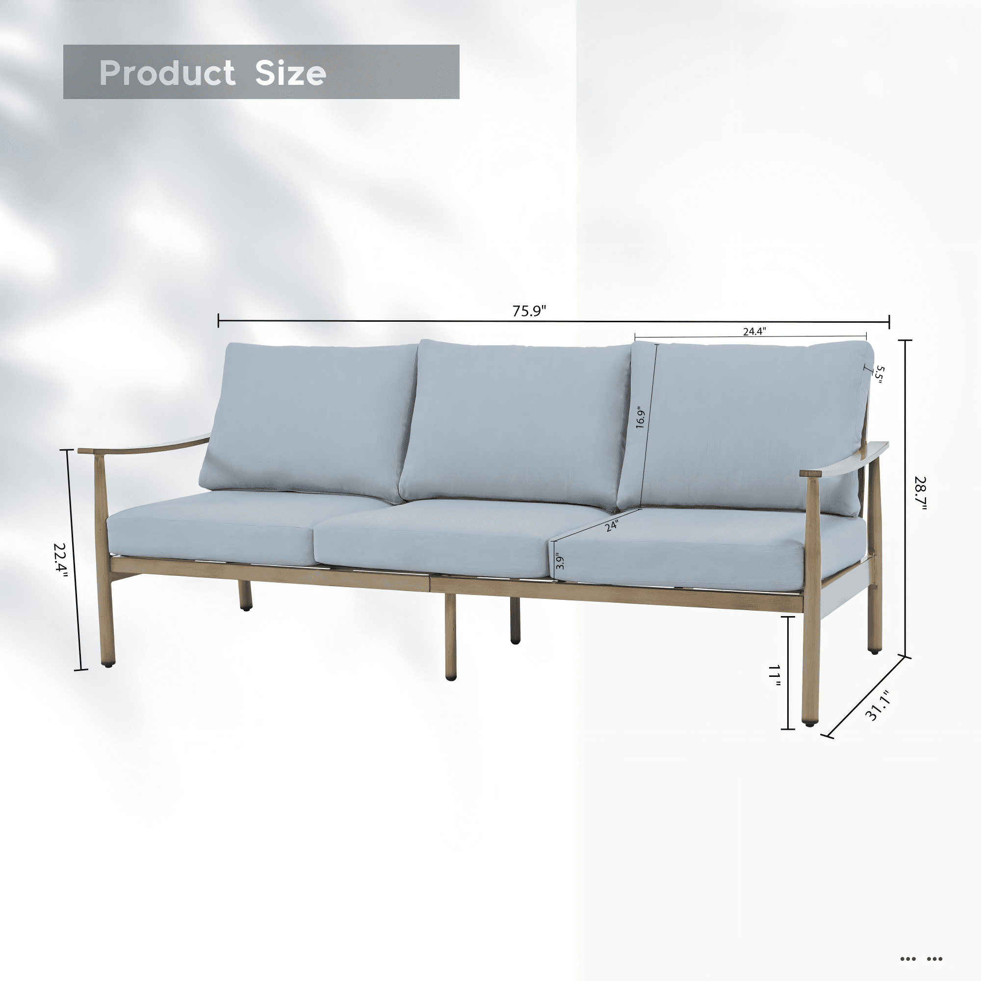 Patio Sofa 3 Seater Outdoor Aluminum Couch with Rope Backrest Thick Cushion All Weather Patio Furniture for Deck Backyard Porch, Blue
