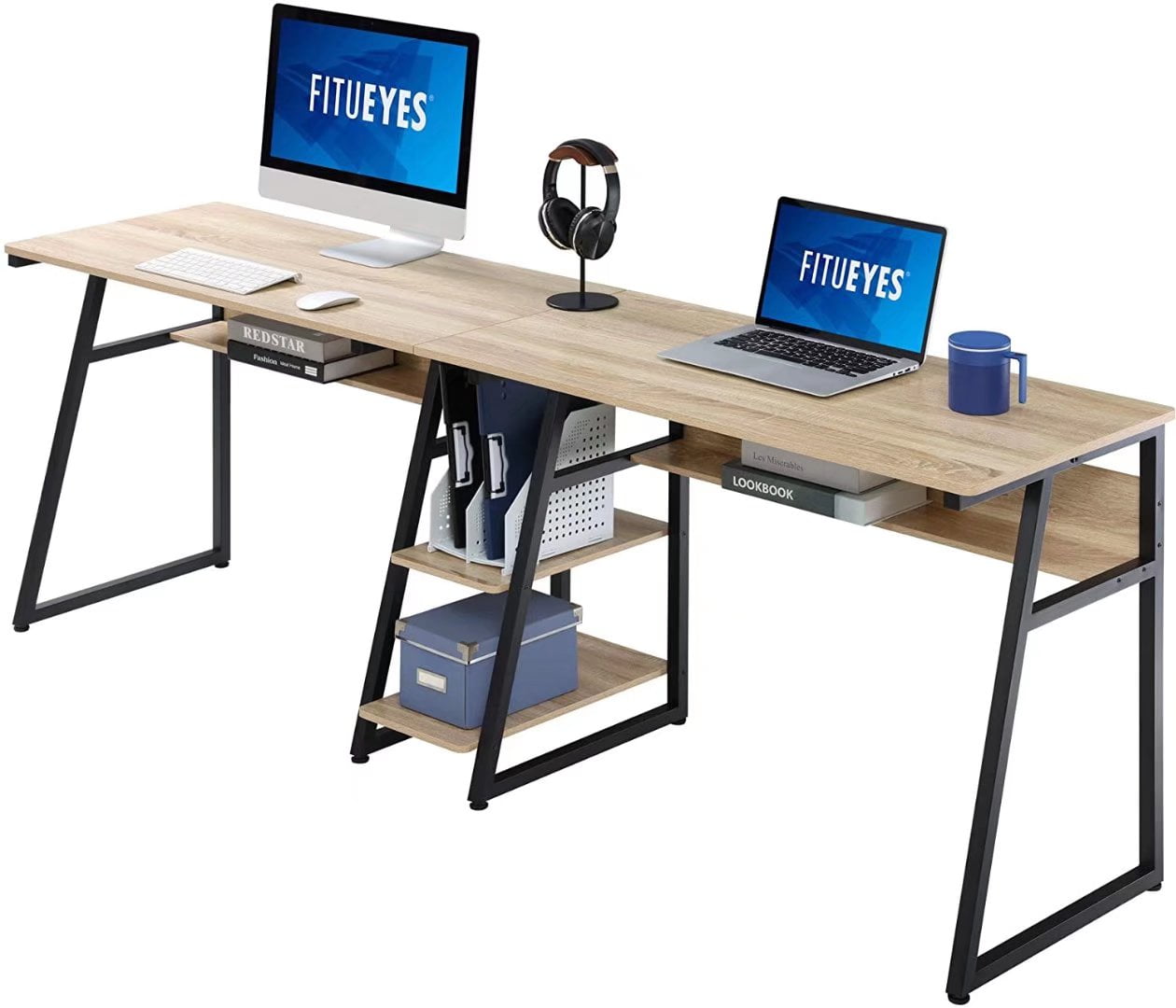 extra long two person desk with storage shelves