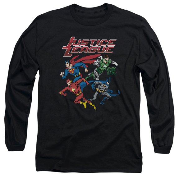 JLA Justice League Pixel League Long Sleeve Adult 18/1 T-Shirt Black