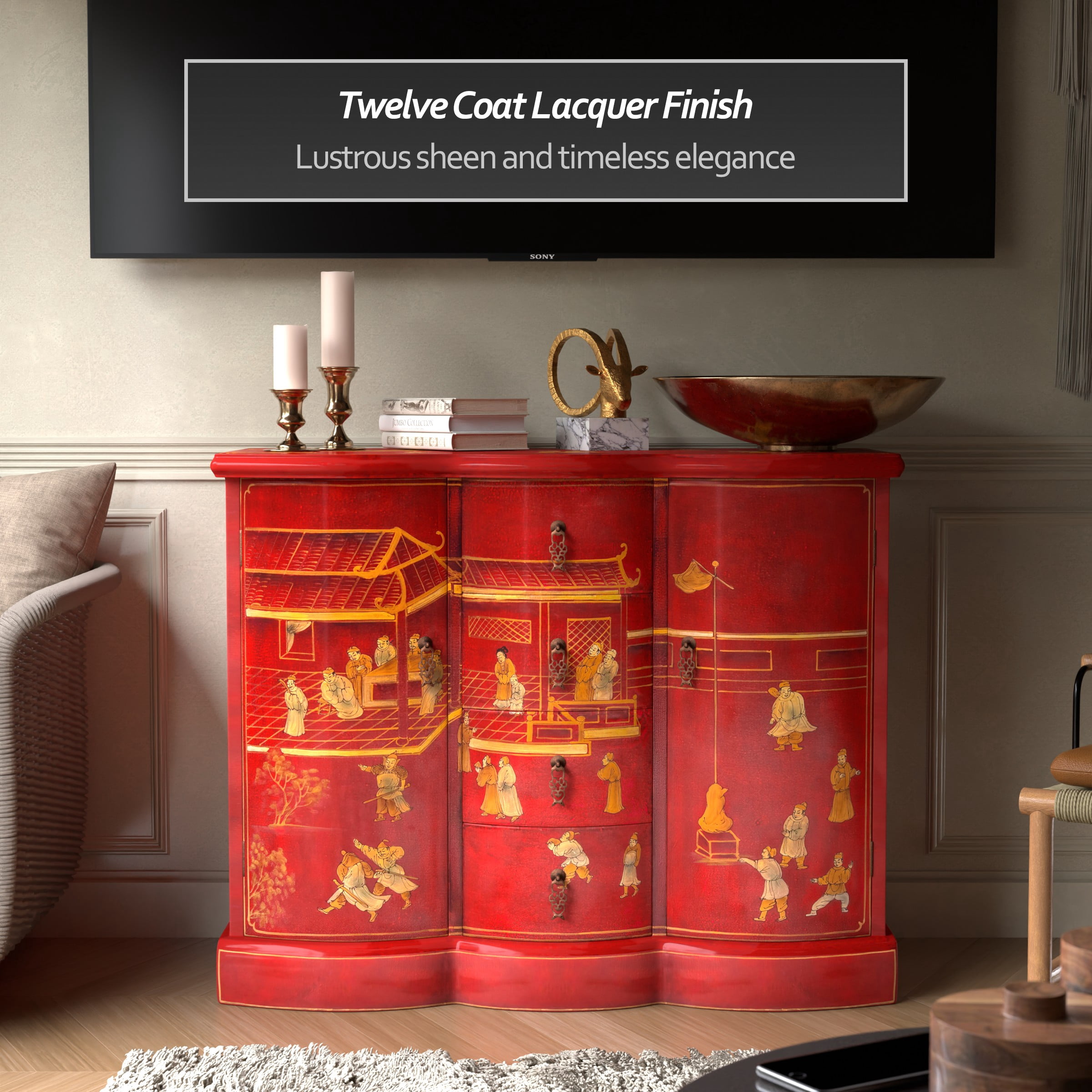 red lacquer dresser EstablishedLines: Red Orange Lacquer Chinoiserie Hand Painted Three Drawers Dresser Large Stand