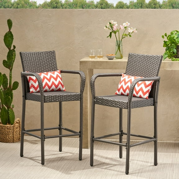 Dunedin Outdoor Wicker Dining Barstools, Set of 2, Grey
