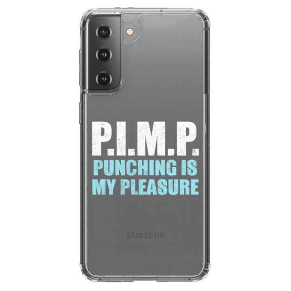 DistinctInk Clear Shockproof Hybrid Case for Galaxy S21 5G (6.2" Screen) - TPU Bumper Acrylic Back Tempered Glass Screen Protector - PIMP - Punching Is My Pleasure