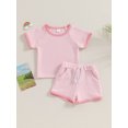 thumbnail image 3 of Elippeo Baby Tollder Girl Summer Set 6M 12M 18M 24M 3Y Round Neck Short Sleeve Contrast Trim Tops + Elastic Waist Shorts with Pocket 2 Piece Outfits, 3 of 10