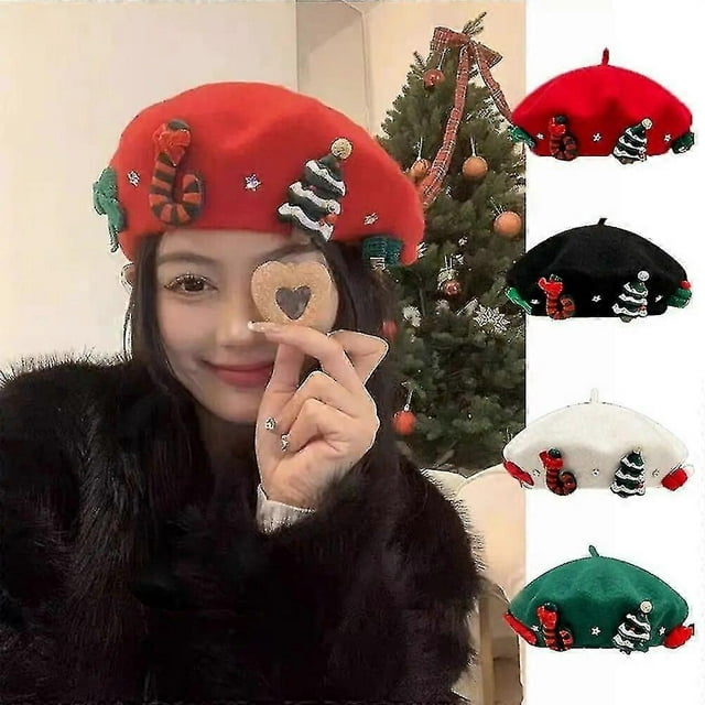 Solid Color Christmas Beret Hat New Wool Without Eaves Beanie Cap Winter Warm Painter Hats Women Girls