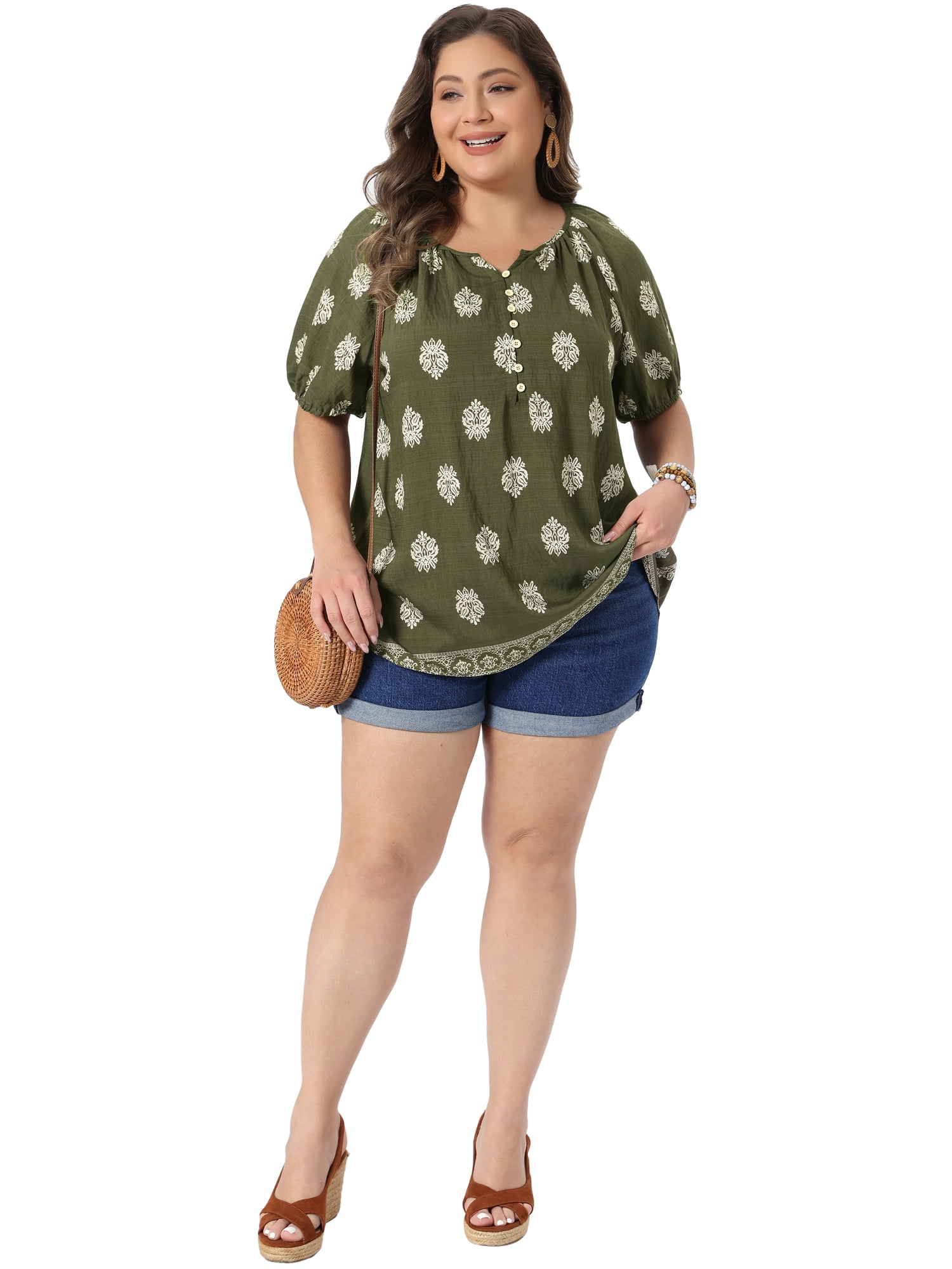 DARING DIVA Women's Plus Summer Top V Neck Short Sleeve Blouses 2X Army Green