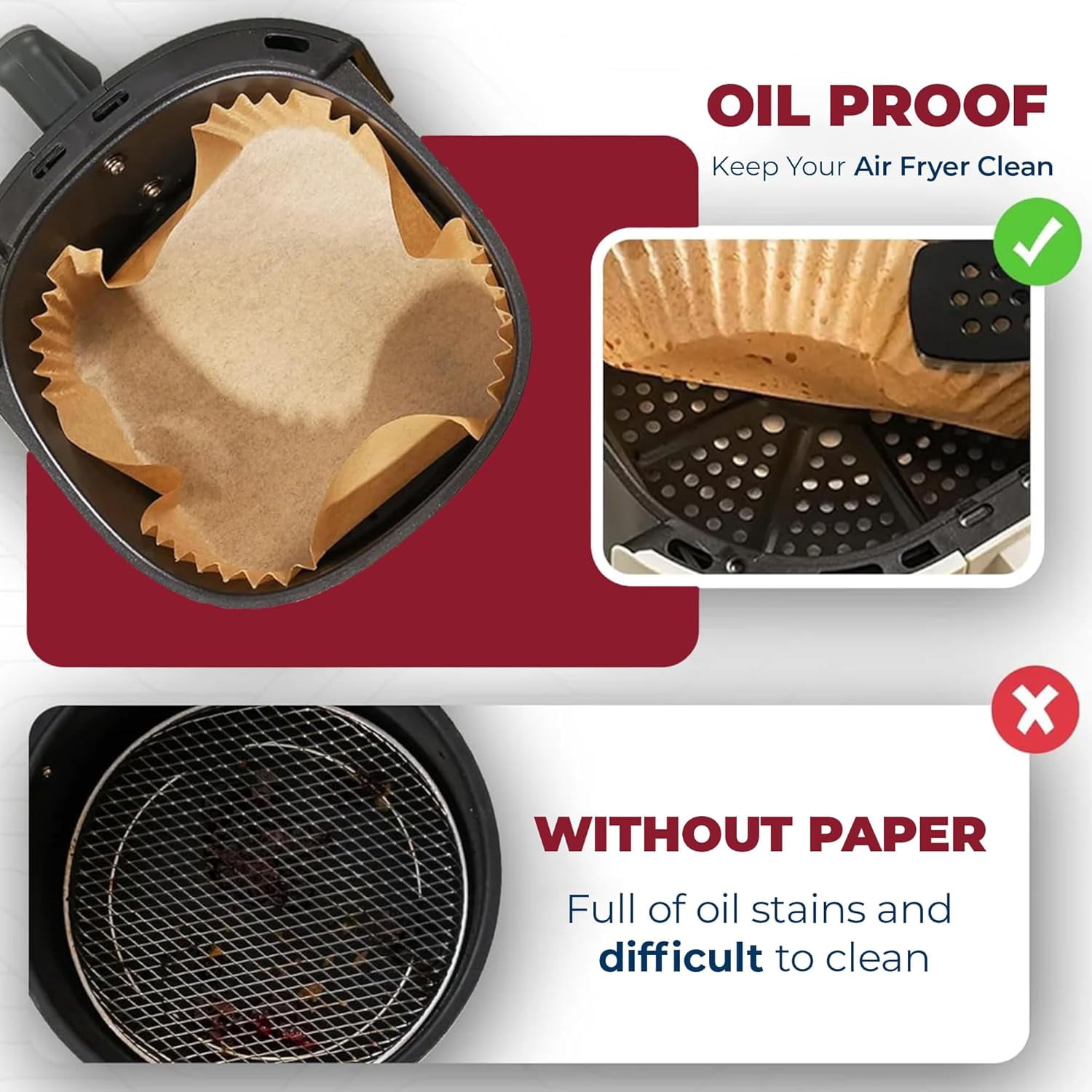 Disposable Air Fryer Paper Liners - 100 Pack, Non Stick (8 inch) Square for Microwave, Free of Bleach, Family Gatherings, Parchment Paper, Oil Proof for Oven Use (100, 8" Square)