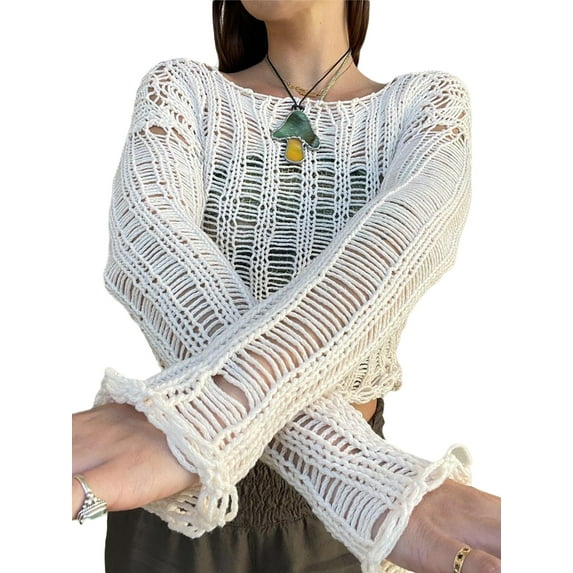 Coduop Women Crochet Long Sleeve Crop Top,Patchwork Pullover Shirts Hollow Out Cover Up Knit Tops