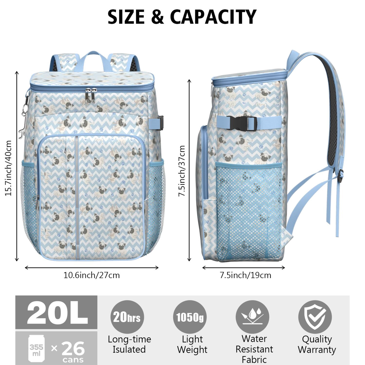 Travel Cooler Bag - Pug and Footprints Camping Beer Cooler Backpack with Bottle Opener- Waterproof Insulated Picnic Backpacks - Cooler Bag for Beach