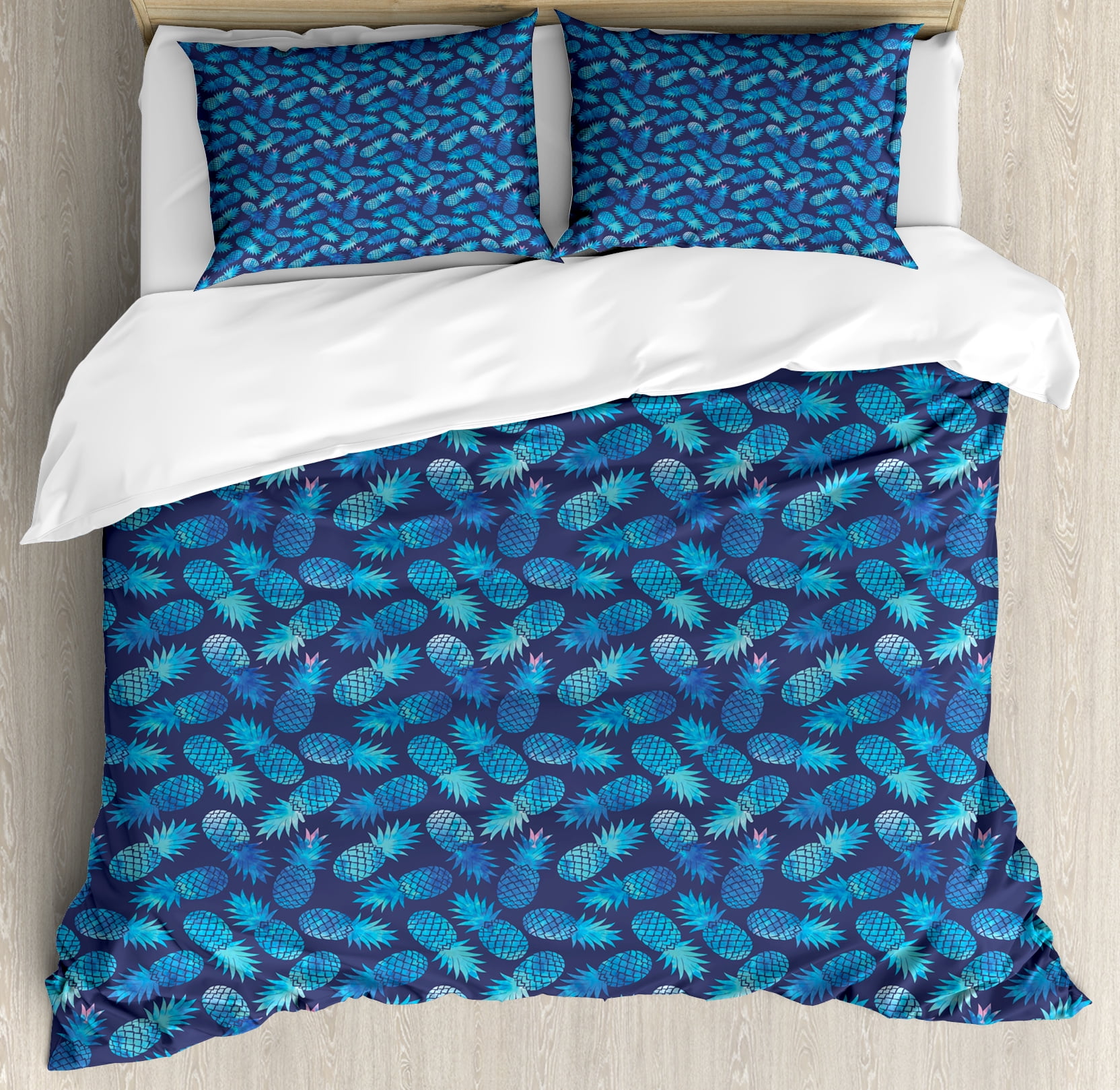 Pastel Duvet Cover Set Tropical Hawaiian Pineapple In Blue Shades Pastel Duvet Cover Set Tropical Hawaiian Pineapple In Blue Shades Hipster Exotic Summer Fantasy Decorative Bedding With Pillow Shams Dark Pale