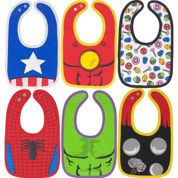 Pack de 6 baberos Marvel Avengers para bebés y niños, Spiderman, Hulk Thor
