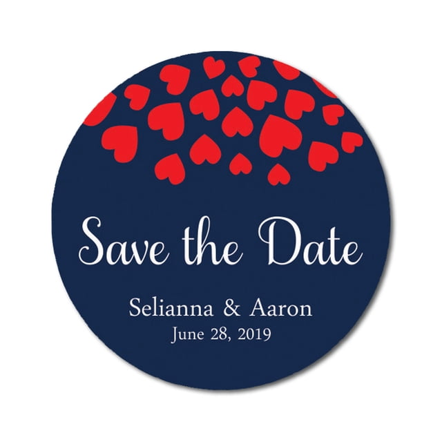 Darling Souvenir Round 45 Pieces Hearts Save The Date Stickers Wedding Personalized Bride Groom Names And Date Envelope Seals - Navy Blue