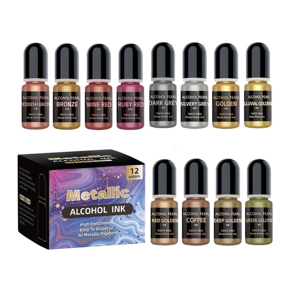 12 Piece Metallic Alcohols Inks Set for Resin Art and Scrapbooking Fast Drying Pigments for Watercolor Effects and More
