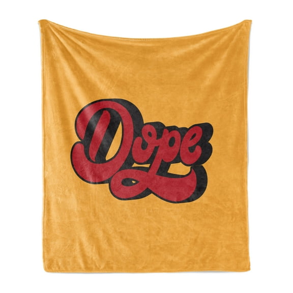 1990s Soft Flannel Fleece Blanket, Hand Drawn Dope Words Slang Design with Mustard Toned Background Cursive, Cozy Plush for Indoor and Outdoor Use, 70" x 90", Vermilion and Mustard, by Ambesonne