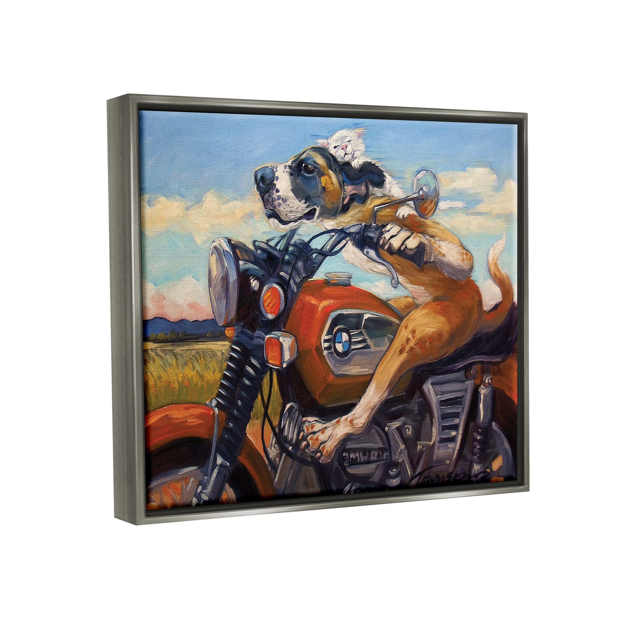 Stupell Industries Dog And Cat on a Red Motorcycle Road Trip Painting Luster Gray Framed Floating Canvas Wall Art, 16x20, by Tai Prints