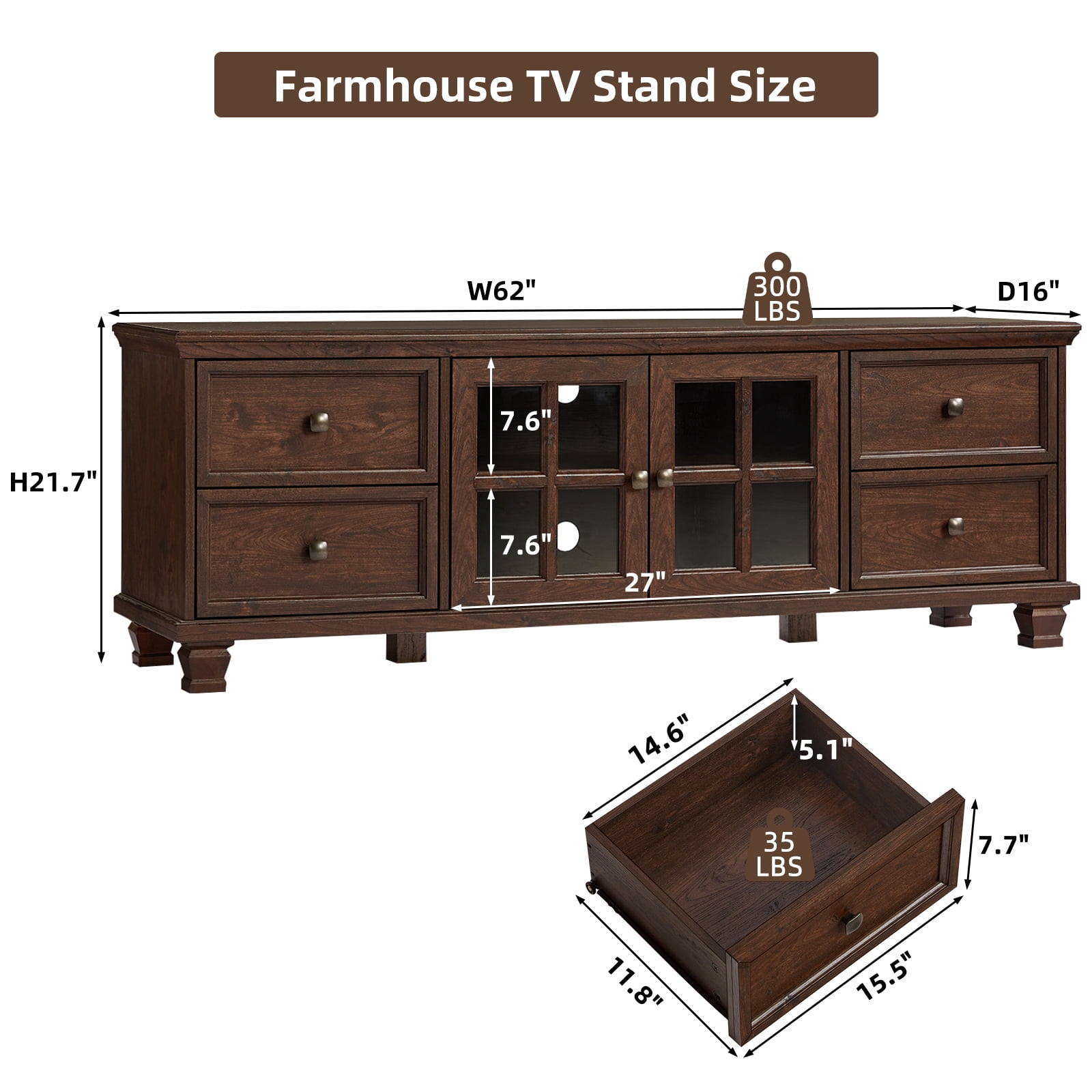 Buildhom Farmhouse TV Stand with Storage, 4-Drawer Rustic Brown Entertainment Center for Living Room, Walnut