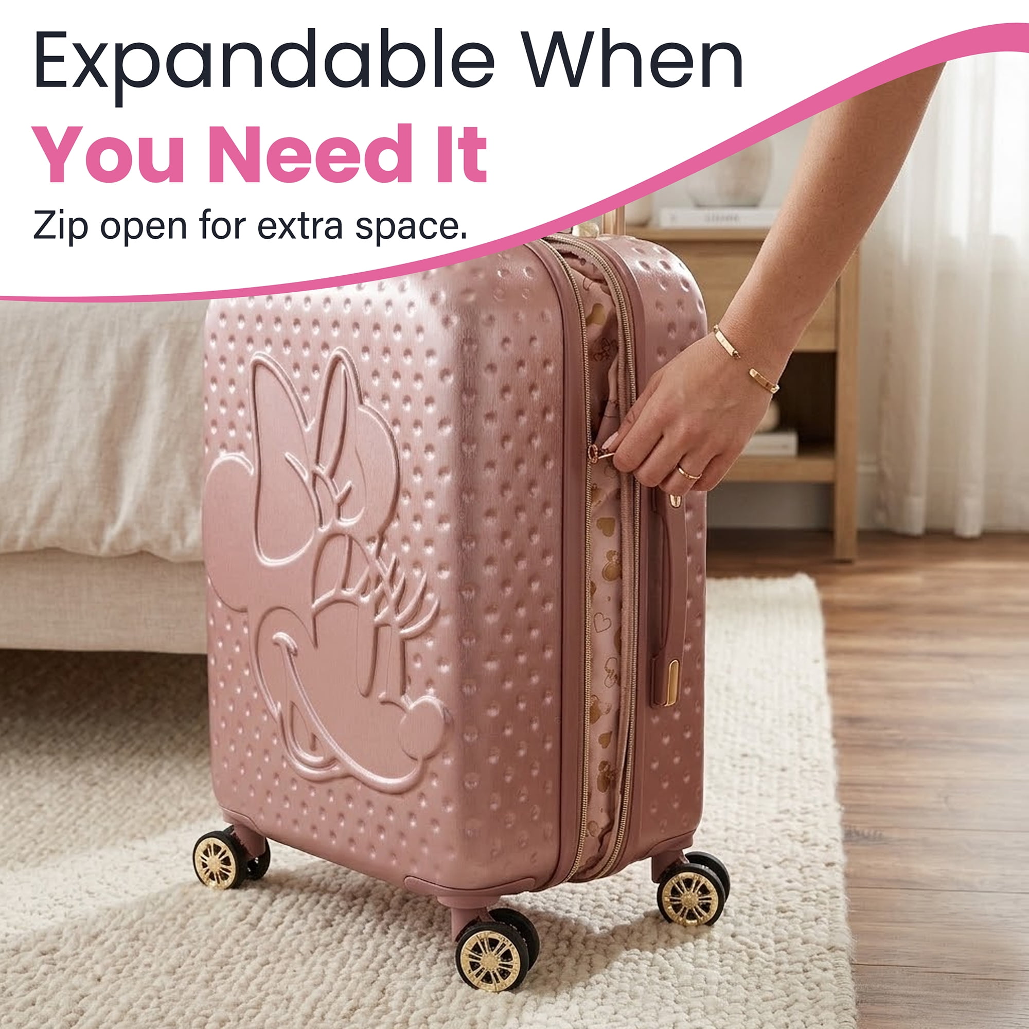 Disney Minnie Mouse 20 Inch Carry On Rolling Luggage, Rose Gold Hardshell Spinner Suitcase with 8 Wheels, Retractable Handle, Valet Straps & Zippered Packing Curtain, Expandable, Officially Licensed