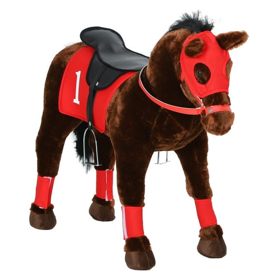 Qaba Ride on Horse for Kids 3-8 Years Old, Toddlers Race Horse with Neighing Sound, Ride on Animal Pony Toy with Saddle & Stirrups, Brown