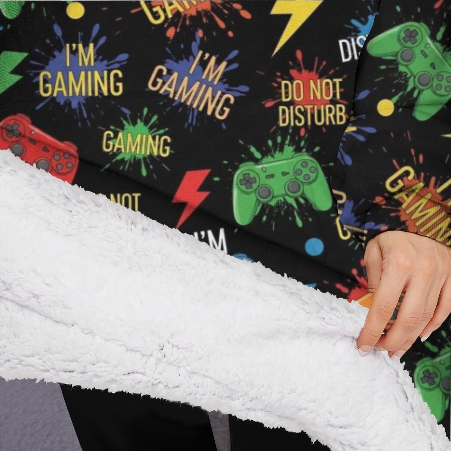 Oversized Wearable Blanket Hoodie,Colorful Controllers Games Words Black Pattern Sherpa Blanket Hoodie with Super Pockets,Super Warm Fuzzy Pullover for Women & Men