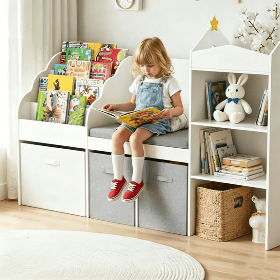 Kids Bookshelf with Reading Nook, 4 Cube Bookcase with 4-Tier Book Racks, 3 Movable Fabric Drawers and Seat Cushion, 60" Wide Toy Organizer for Bedroom, Playroom, White