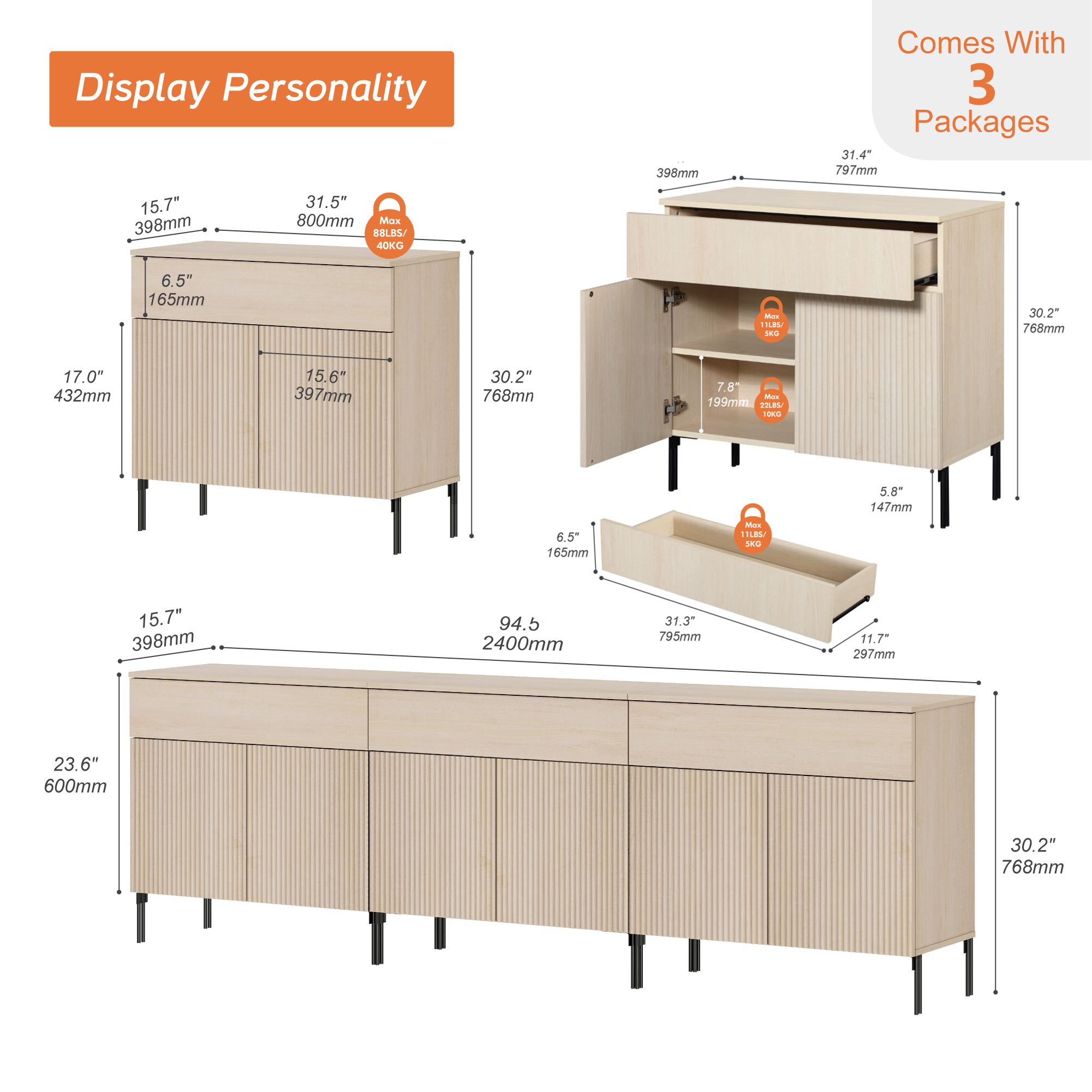 94.5" Reeded Accent Cabinet Set with 6 Doors and Drawers, Modern Credenza Storage Cabinet with Metal Legs for Living Room, Entryway, Hallway