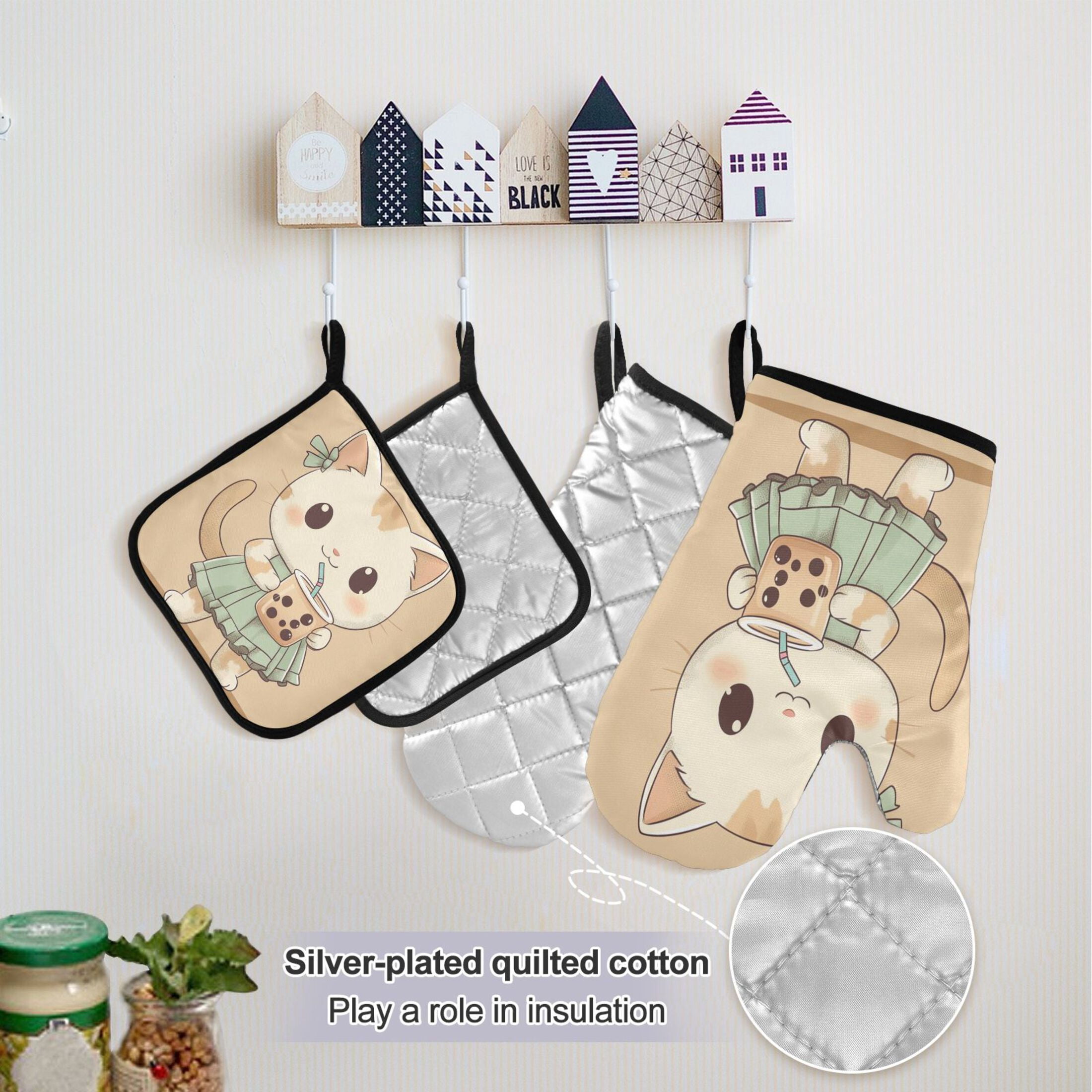 5 Pcs Kitchen Set Heat Resistant Oven Mitts and Non-Slip Pot Holders with Adjustable Cooking Apron Cute Cat Drink Bubble Tea