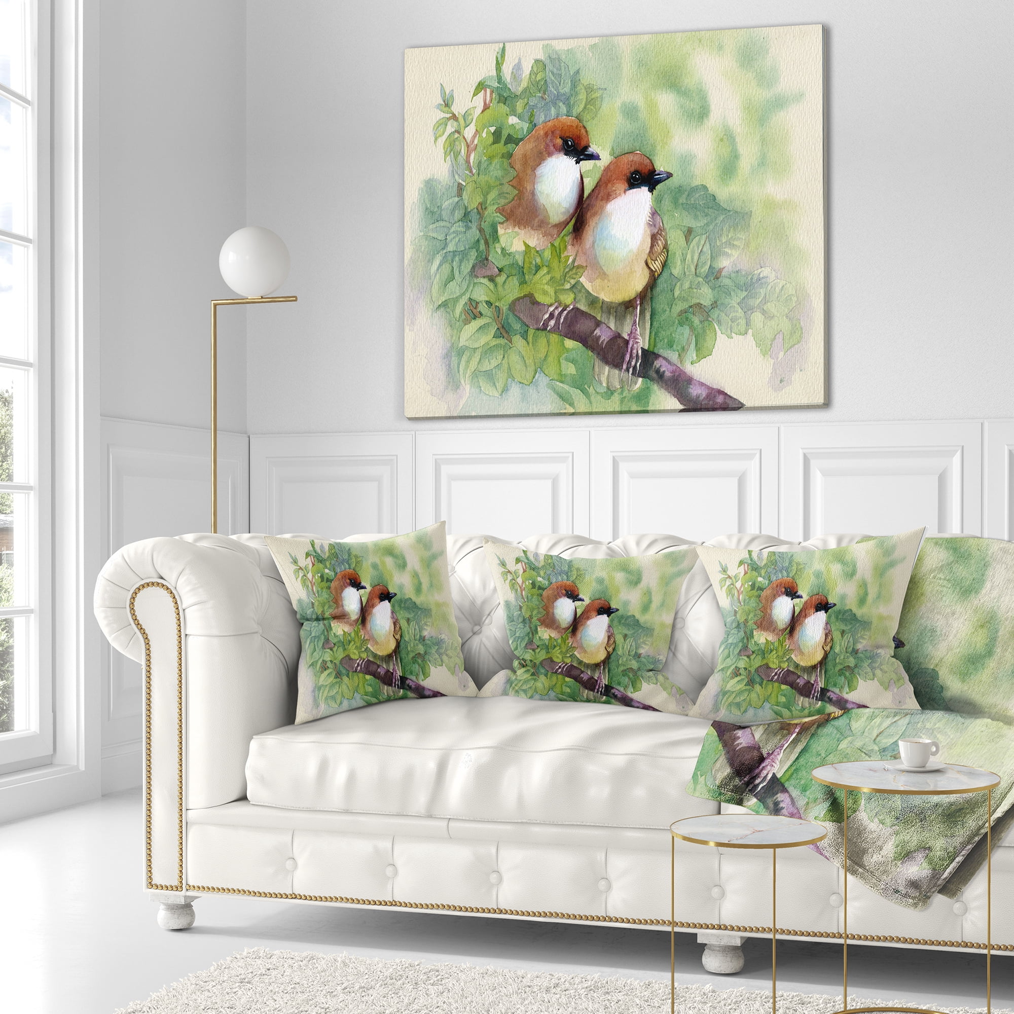 Designart Birds of Spring - Modern Animal Painting Throw Pillow - 18x18