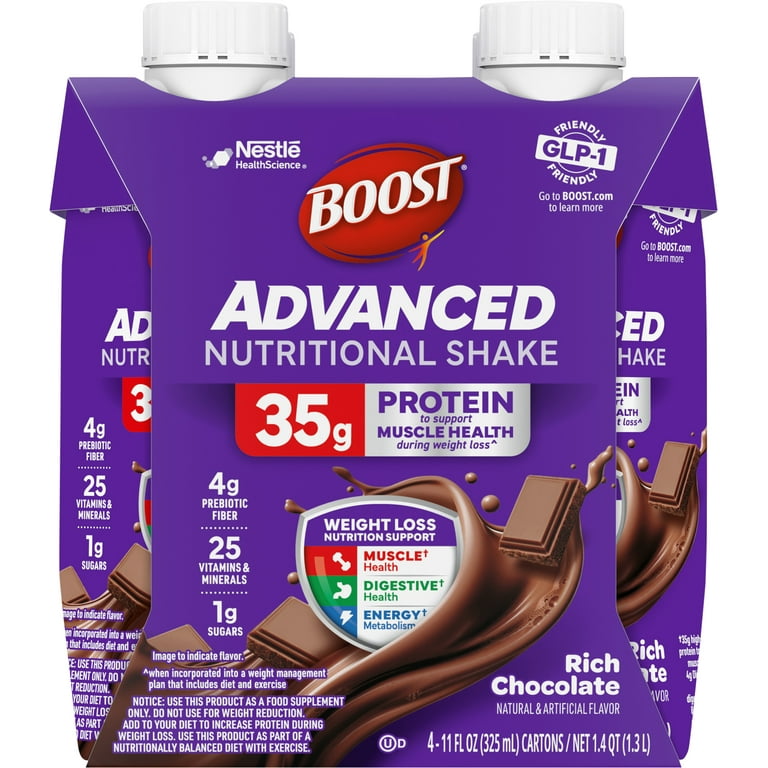BOOST Advanced Nutritional Protein Shake, GLP-1 Friendly, Rich Chocolate, 4 - 11 fl oz Cartons BOOST Advanced Nutritional Protein Shake, GLP-1 Friendly, Rich Chocolate, 4 - 11 fl oz Cartons
