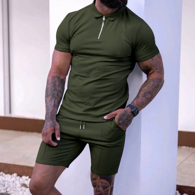 NTACZA Short Sleeve Mens Shorts Set Waffle Quarter Zip Tracksuits Athletic Shirt Men's Sweatsuits 2X