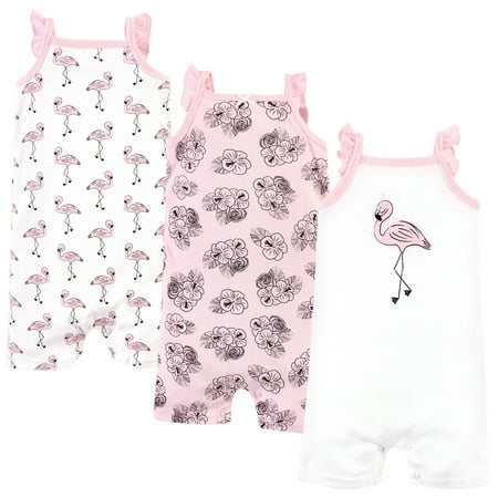 UPC: 0660168526646 | Hudson Baby Infant Girl Cotton Rompers 3pk  Painted Flamingo  3-6 Months