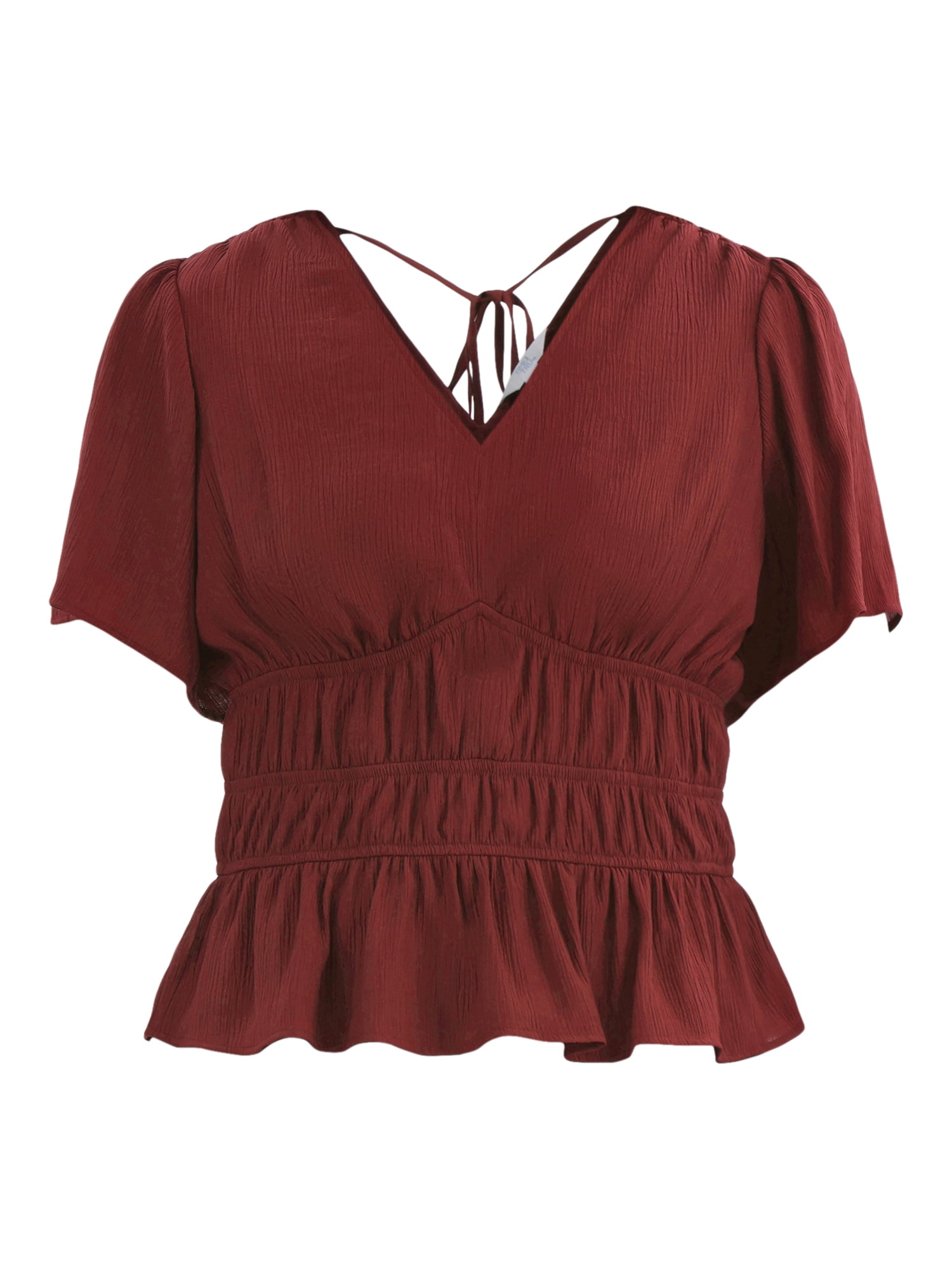 Time and Tru Women's Cinched Waist Peplum Blouse with Flutter Sleeves, Sizes XS-XXXL