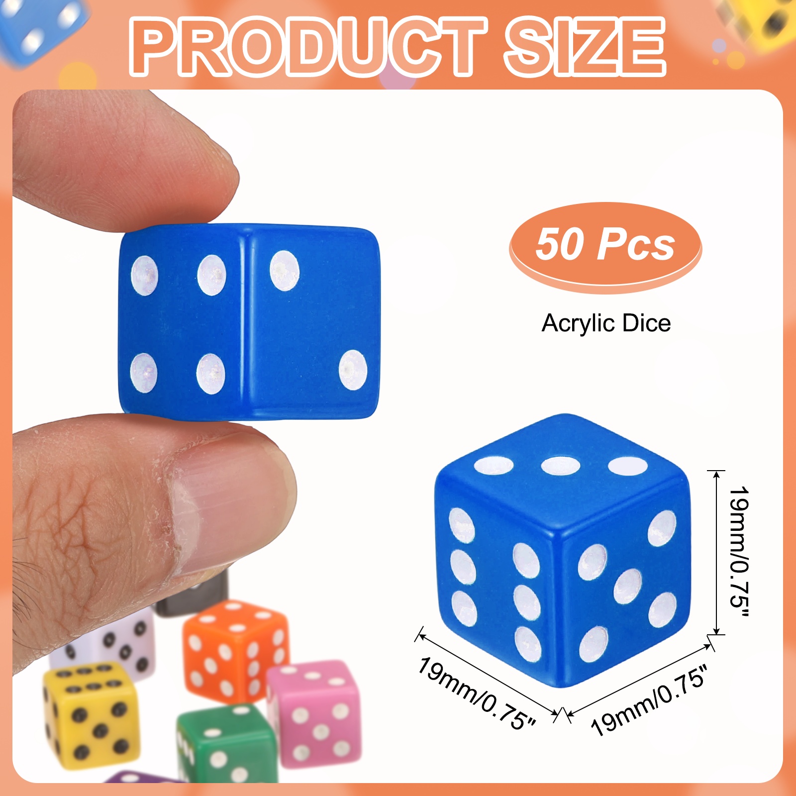 50Pack 6 Sided Acrylic Dice, 19mm/0.75" Large D6 Opaque Game Dice Bulk for Table Board Games Birthday Theme Party Fun Supply, Blue