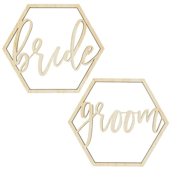 Koyal Wholesale Bride Groom Chair Signs, Set of 2 Scripted Hexagon Laser Cut Wood Chair Back Signs