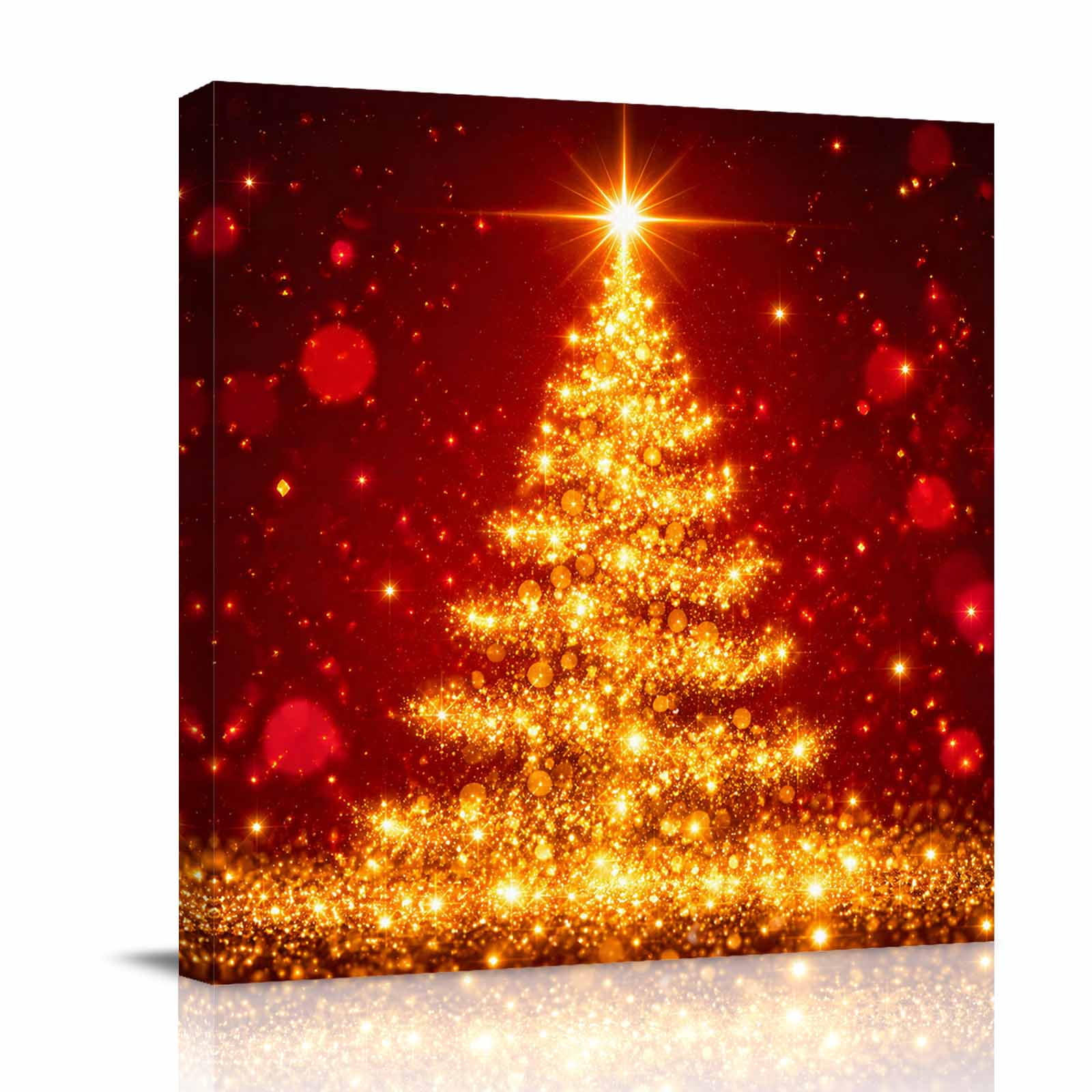 Canvas Wall Art Merry Christmas Framed Canvas Prints for Bathroom Kitchen Glam Shining Xmas Tree Winter Holiday Gallery Wrapped Wall Decor for Home Office Gifts 10 x10 Ship Next Day