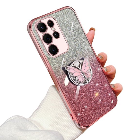 Glitter Cover Compatible with Samsung Galaxy S23 Ultra Case Butterfly Kickstand Case for Samsung S23 Ultra Soft TPU Electroplated Bling Shockproof Shell for Women Girls Cover for Galaxy S